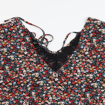 SheIn Womens Multicoloured Floral Polyester Basic Blouse Size L V-Neck - Lace neckline