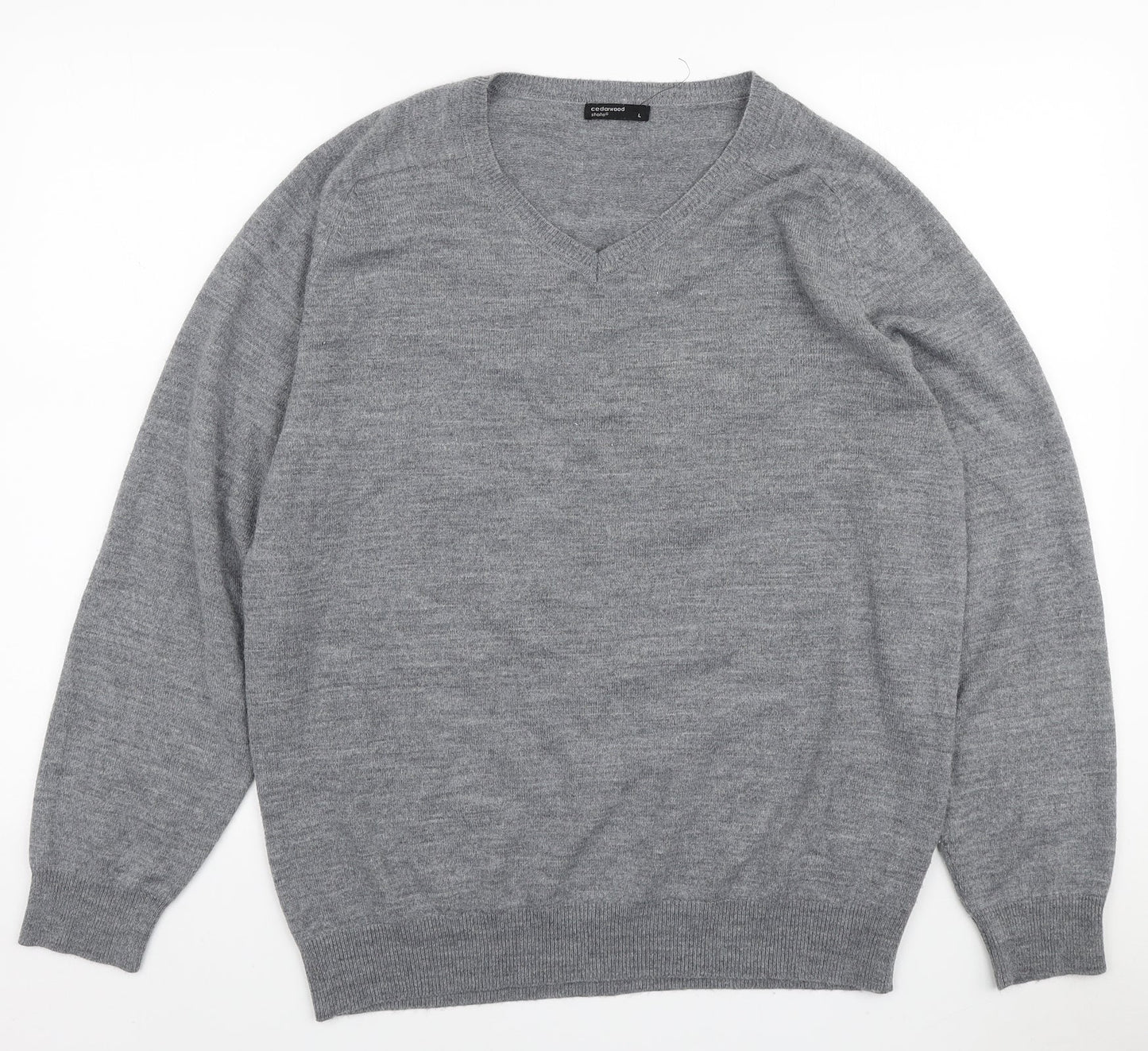 Cedar Wood State Mens Grey V-Neck Acrylic Pullover Jumper Size L