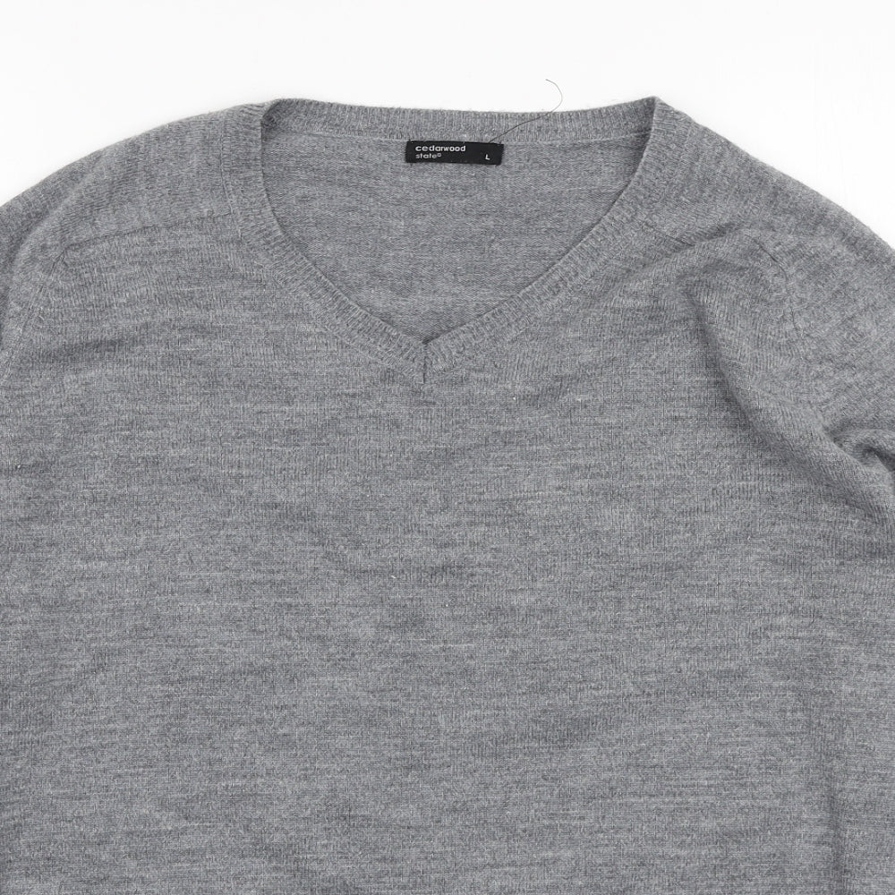 Cedar Wood State Mens Grey V-Neck Acrylic Pullover Jumper Size L