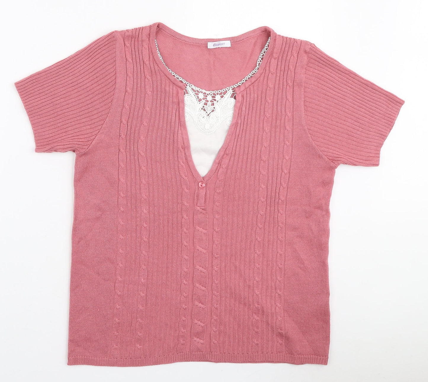 Damart Womens Pink Polyester Basic T-Shirt Size 10 V-Neck - Lace Neckline