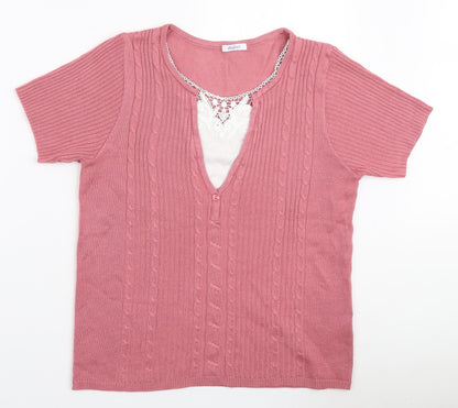 Damart Womens Pink Polyester Basic T-Shirt Size 10 V-Neck - Lace Neckline