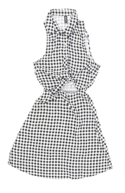 Divided Womens Black Check Viscose Skater Dress Size 4 Collared Button
