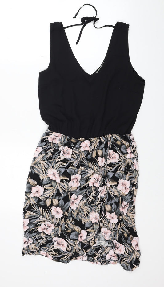 Oasis Womens Black Floral Polyester Fit & Flare Size 10 V-Neck Tie