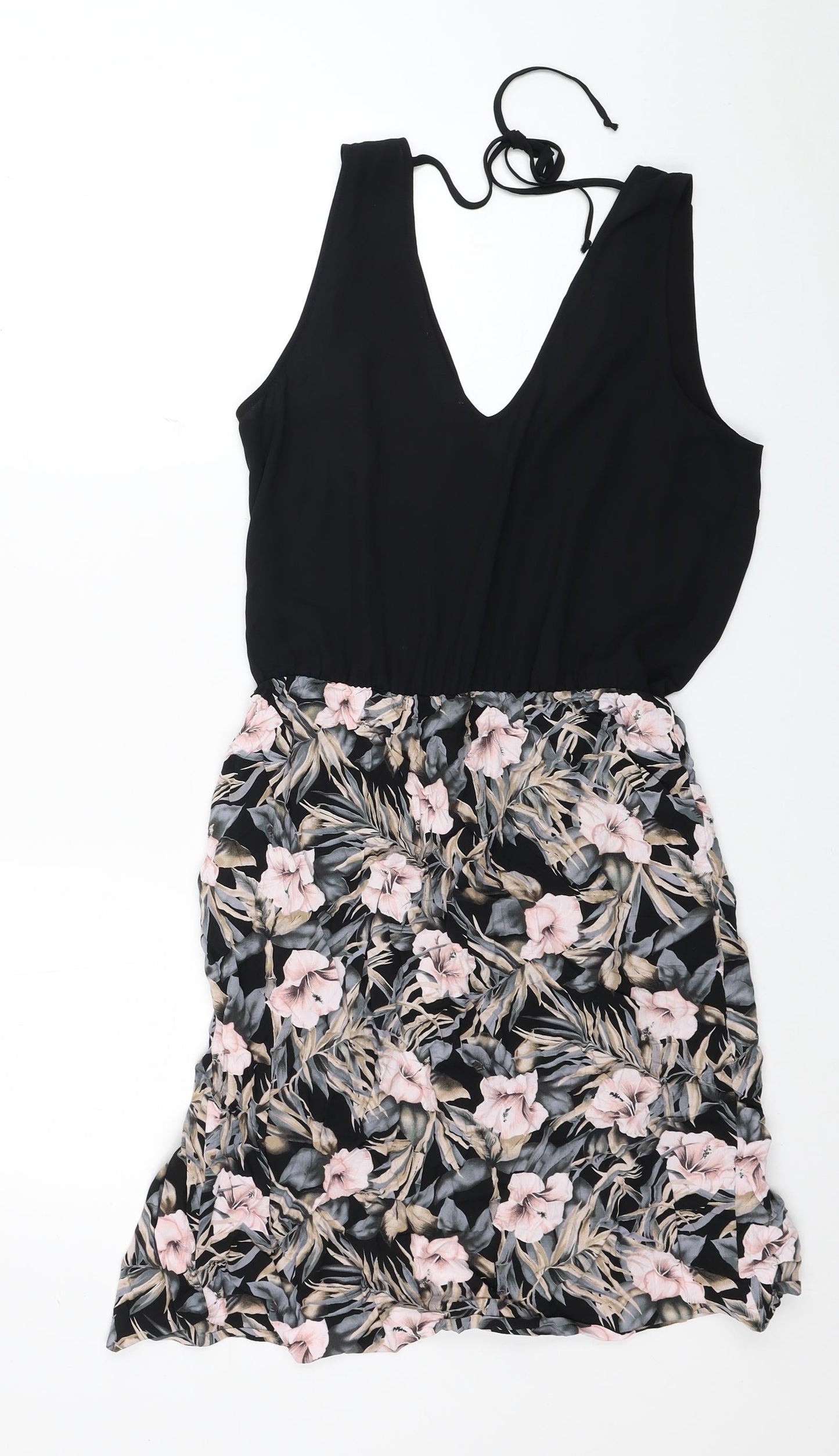 Oasis Womens Black Floral Polyester Fit & Flare Size 10 V-Neck Tie