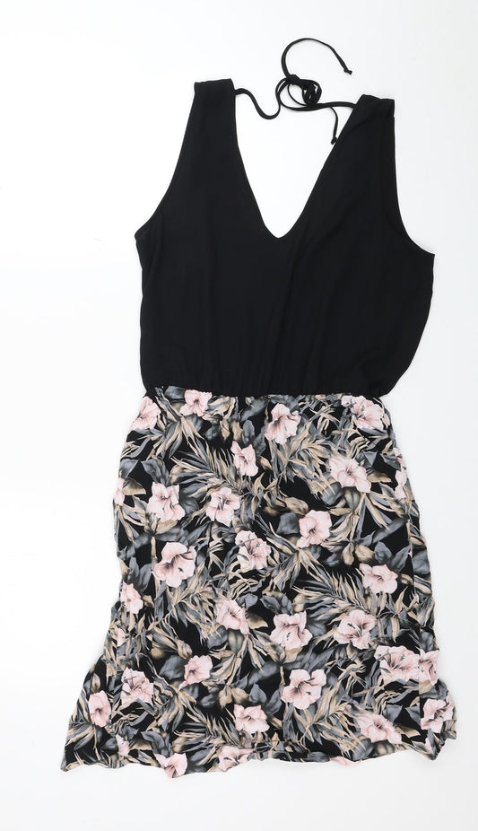 Oasis Womens Black Floral Polyester Fit & Flare Size 10 V-Neck Tie