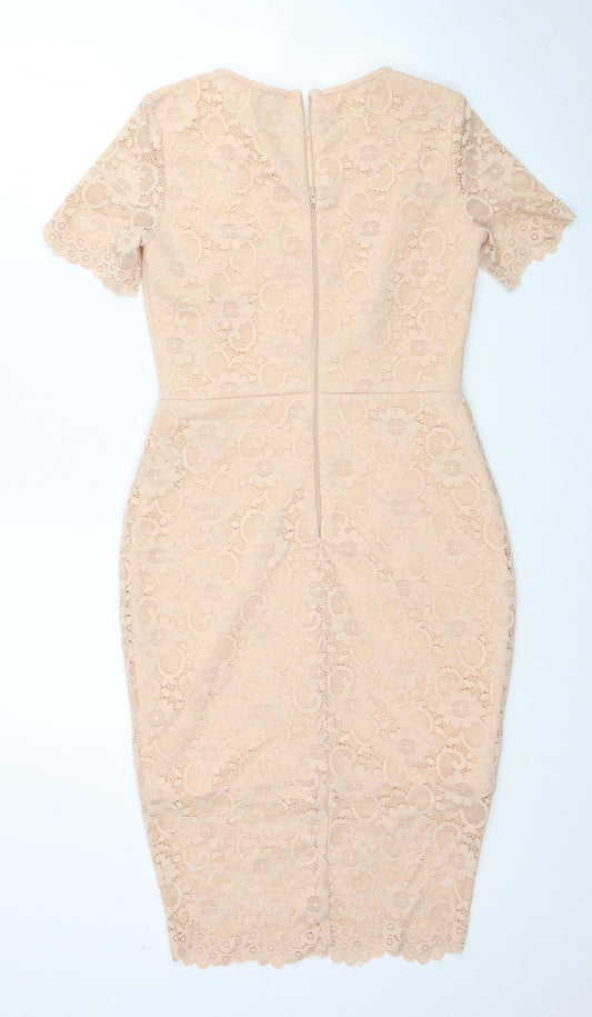ASOS Womens Beige Floral Polyester Pencil Dress Size 10 Round Neck Zip