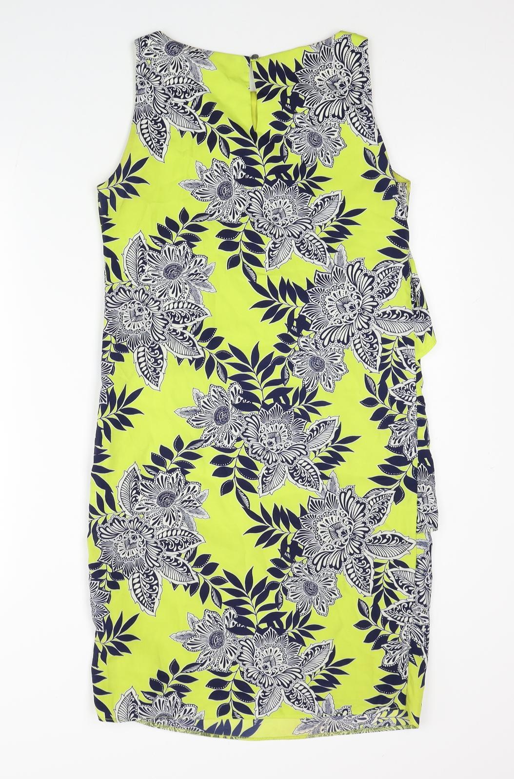 M&Co Womens Green Floral Polyester Sheath Size 8 Boat Neck Button