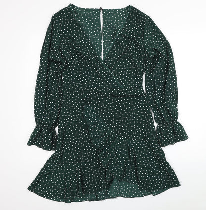 SheIn Womens Green Polka Dot Polyester Skater Dress Size S V-Neck Button