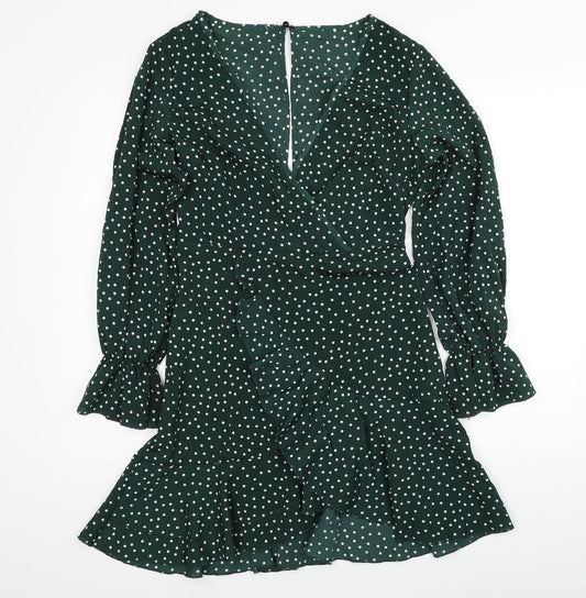 SheIn Womens Green Polka Dot Polyester Skater Dress Size S V-Neck Button