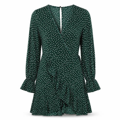 SheIn Womens Green Polka Dot Polyester Skater Dress Size S V-Neck Button