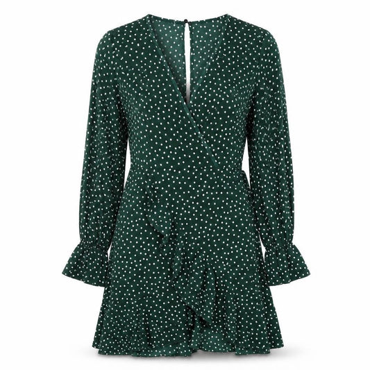 SheIn Womens Green Polka Dot Polyester Skater Dress Size S V-Neck Button