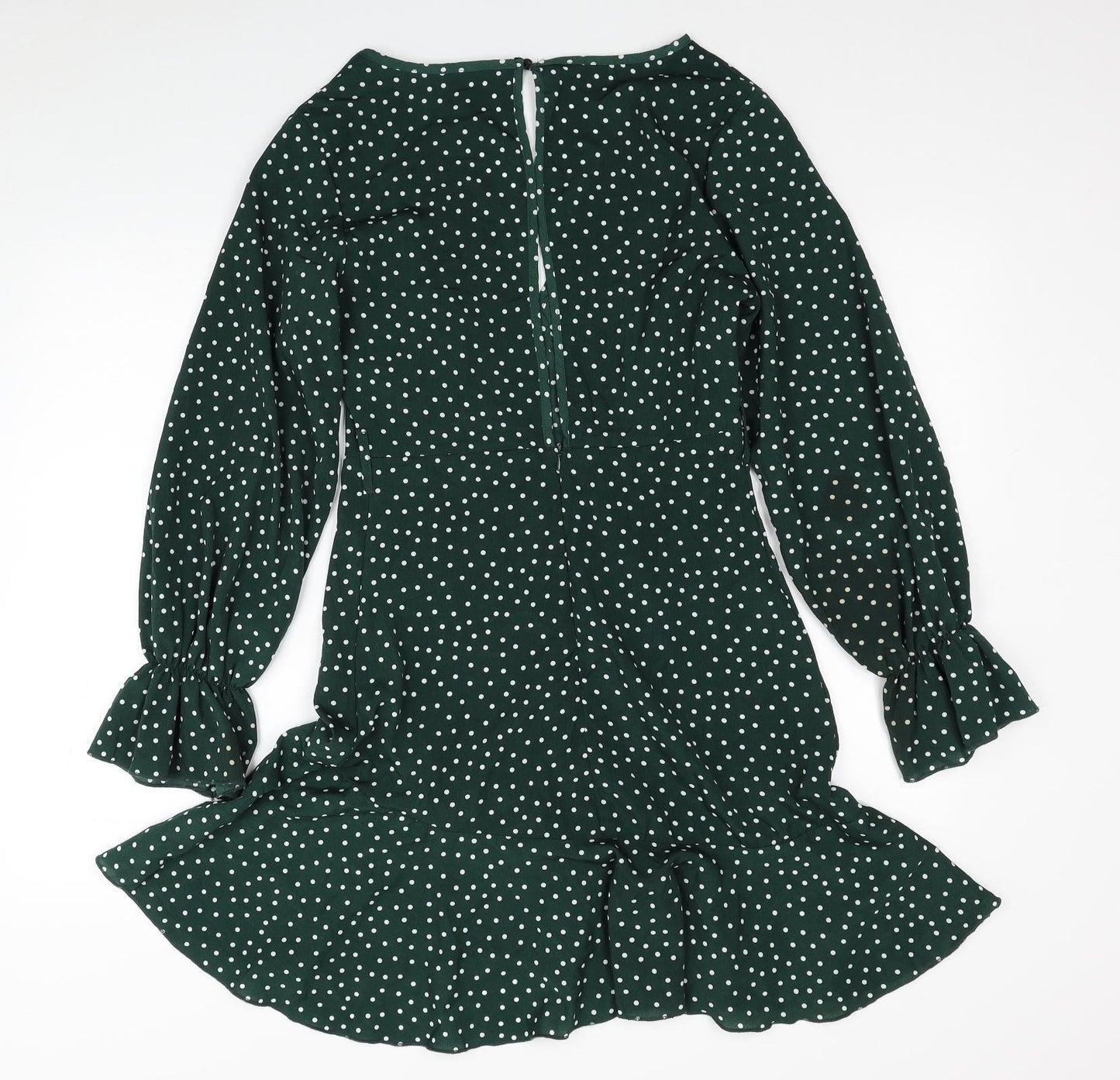 SheIn Womens Green Polka Dot Polyester Skater Dress Size S V-Neck Button