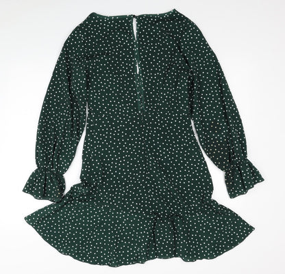 SheIn Womens Green Polka Dot Polyester Skater Dress Size S V-Neck Button