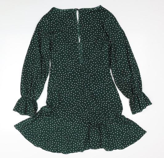 SheIn Womens Green Polka Dot Polyester Skater Dress Size S V-Neck Button