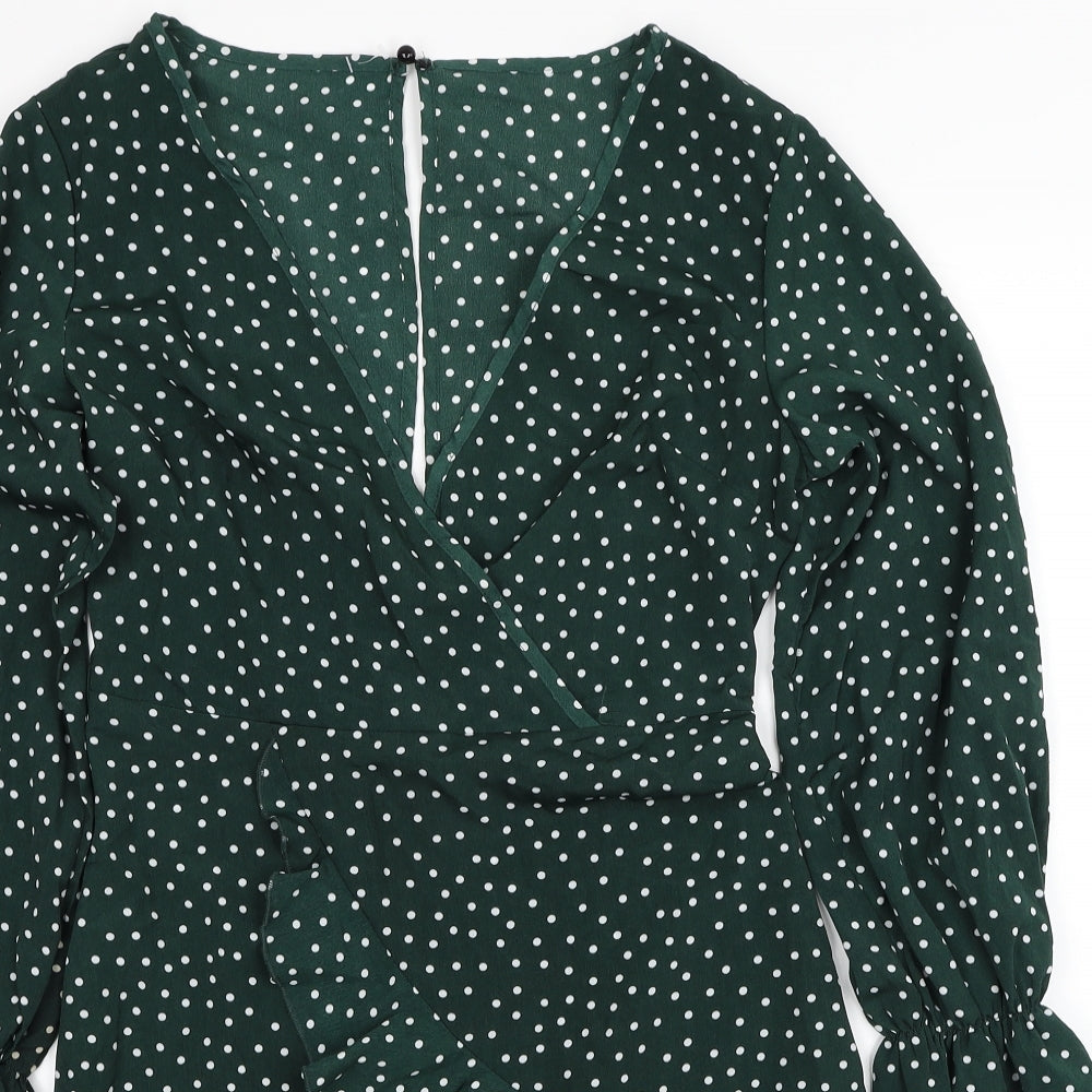 SheIn Womens Green Polka Dot Polyester Skater Dress Size S V-Neck Button