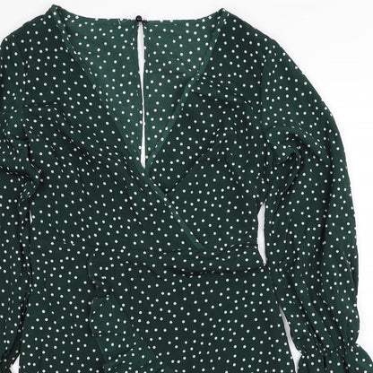 SheIn Womens Green Polka Dot Polyester Skater Dress Size S V-Neck Button