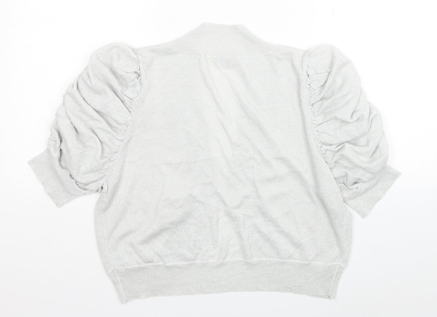 Agenda Womens Silver V-Neck Viscose Cardigan Jumper Size 18 - Ruched Sleeves