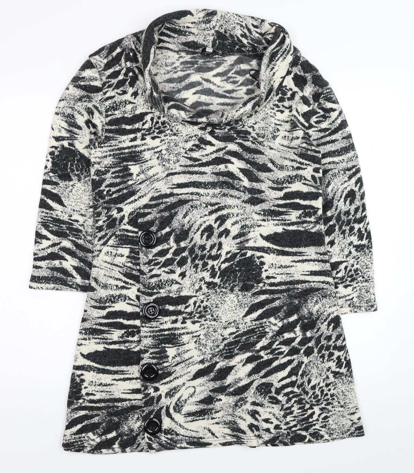 Ann Marie Womens Black Animal Print Acrylic Tunic Blouse Size L Roll Neck