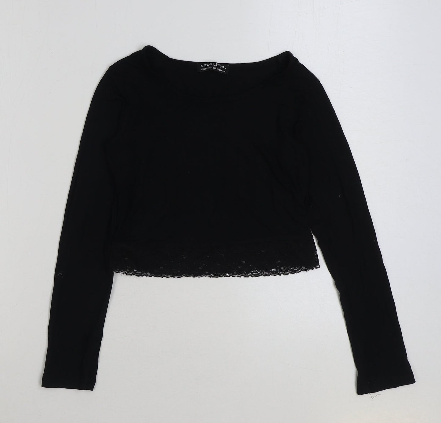 Select Girls Black Viscose Cropped T-Shirt Size 12-13 Years Scoop Neck Pullover - Lace Detail