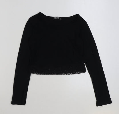 Select Girls Black Viscose Cropped T-Shirt Size 12-13 Years Scoop Neck Pullover - Lace Detail