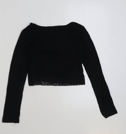 Select Girls Black Viscose Cropped T-Shirt Size 12-13 Years Scoop Neck Pullover - Lace Detail