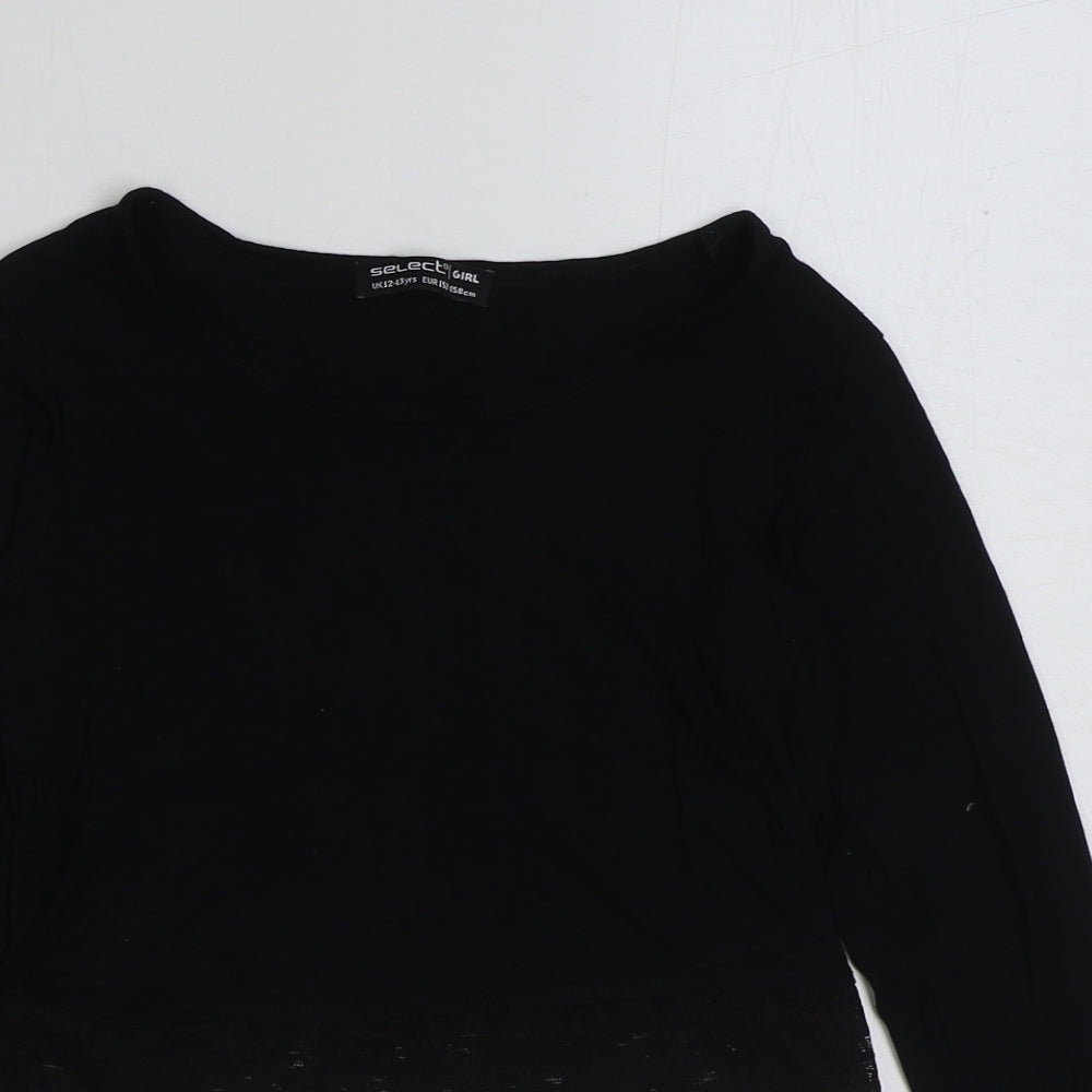 Select Girls Black Viscose Cropped T-Shirt Size 12-13 Years Scoop Neck Pullover - Lace Detail
