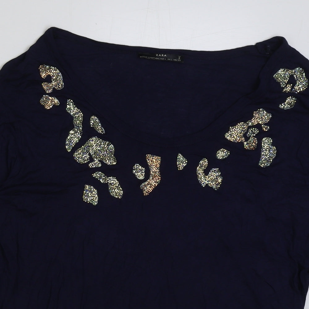 Womens UK Size L Zara Blue Basic T-Shirt