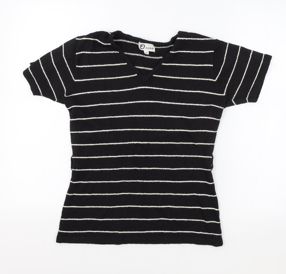 Zone Womens Black Striped Acrylic Basic T-Shirt Size M V-Neck