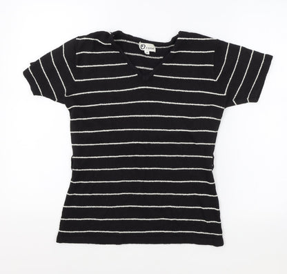 Zone Womens Black Striped Acrylic Basic T-Shirt Size M V-Neck