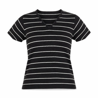 Zone Womens Black Striped Acrylic Basic T-Shirt Size M V-Neck