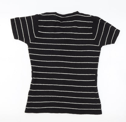 Zone Womens Black Striped Acrylic Basic T-Shirt Size M V-Neck