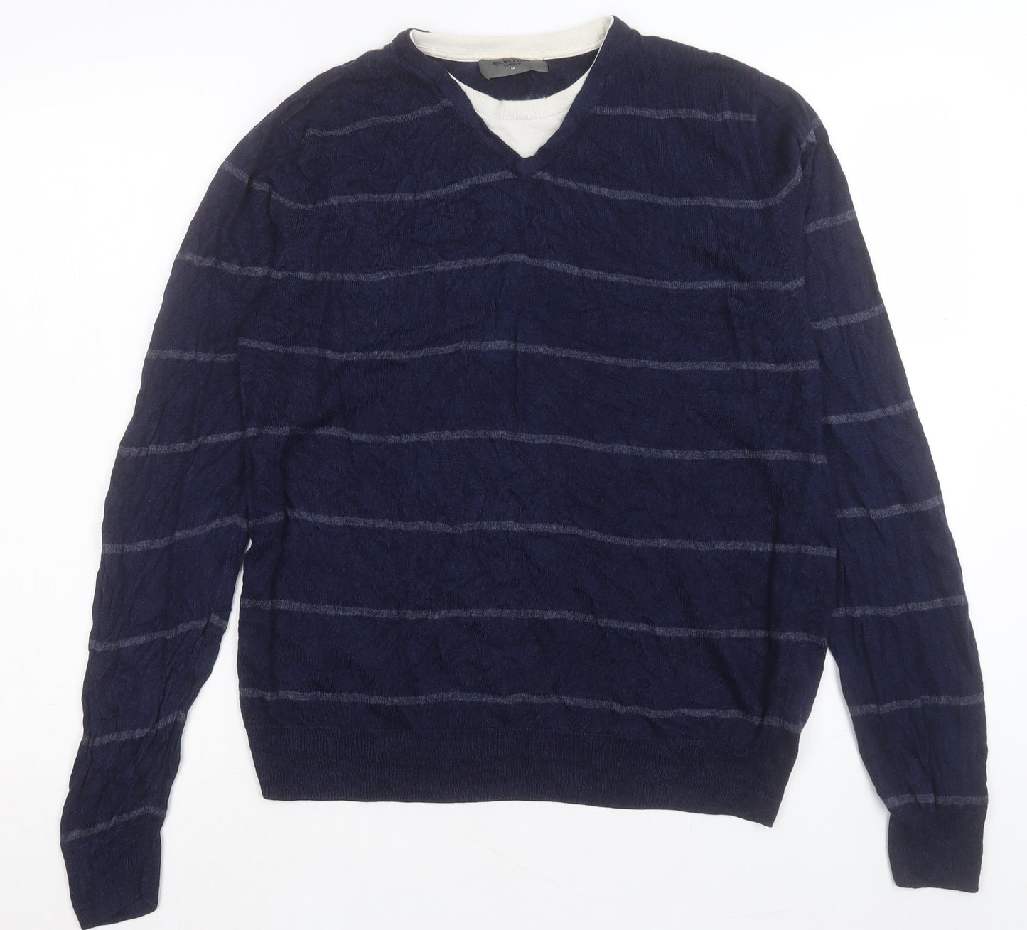 Burton Mens Blue V-Neck Striped Acrylic Pullover Jumper Size M