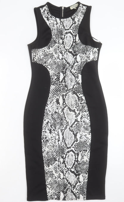 Papaya Womens Black Animal Print Polyester Bodycon Size 10 Crew Neck Zip