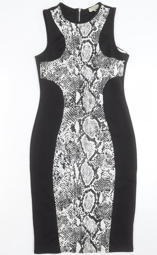 Papaya Womens Black Animal Print Polyester Bodycon Size 10 Crew Neck Zip