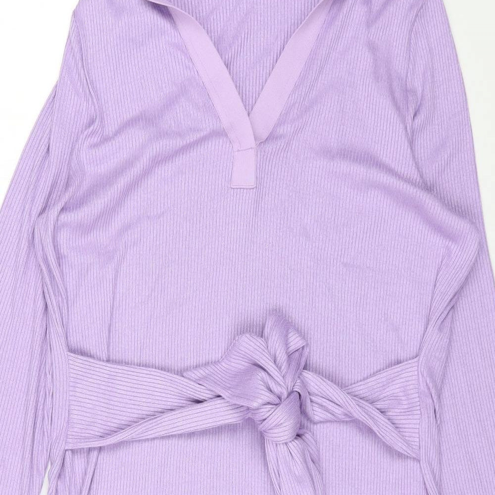 Marks and Spencer Womens Purple Viscose Shirt Dress Size 16 Collared Tie - Ribbed