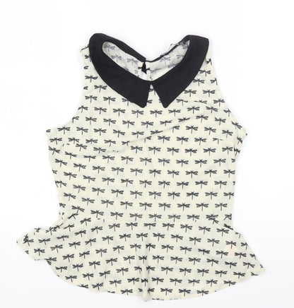 Primark Womens Ivory Geometric Polyester Basic Blouse Size 10 Collared - Dragonfly Print