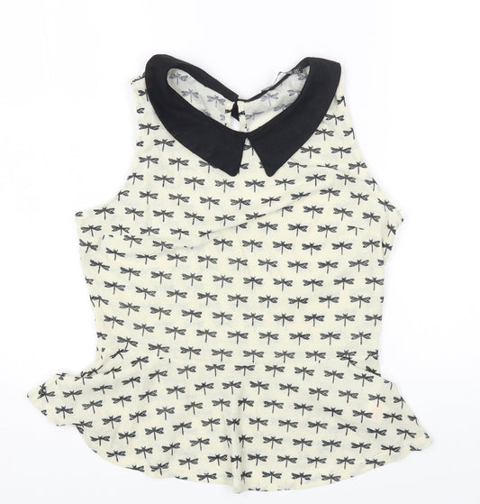 Primark Womens Ivory Geometric Polyester Basic Blouse Size 10 Collared - Dragonfly Print