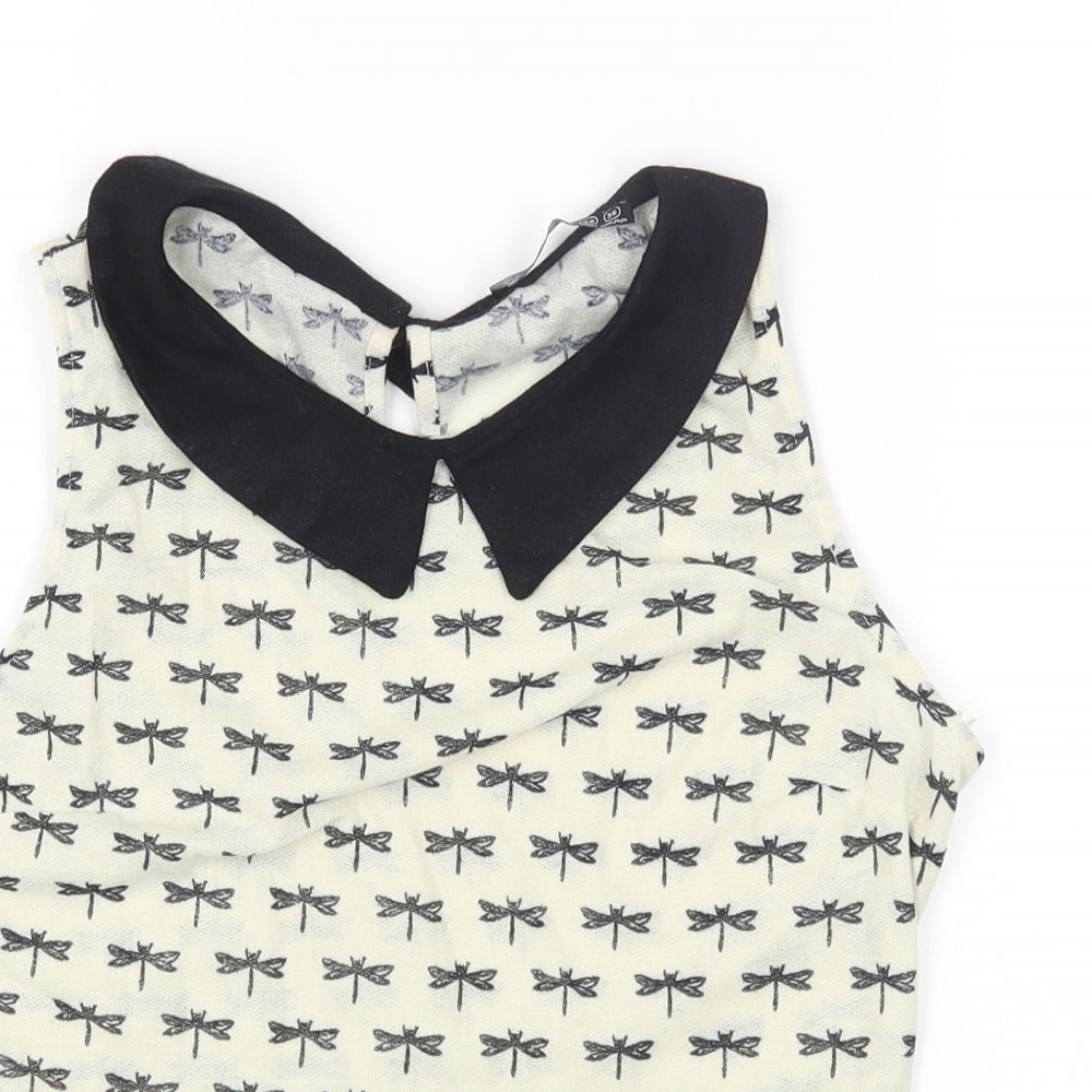 Primark Womens Ivory Geometric Polyester Basic Blouse Size 10 Collared - Dragonfly Print
