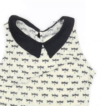 Primark Womens Ivory Geometric Polyester Basic Blouse Size 10 Collared - Dragonfly Print