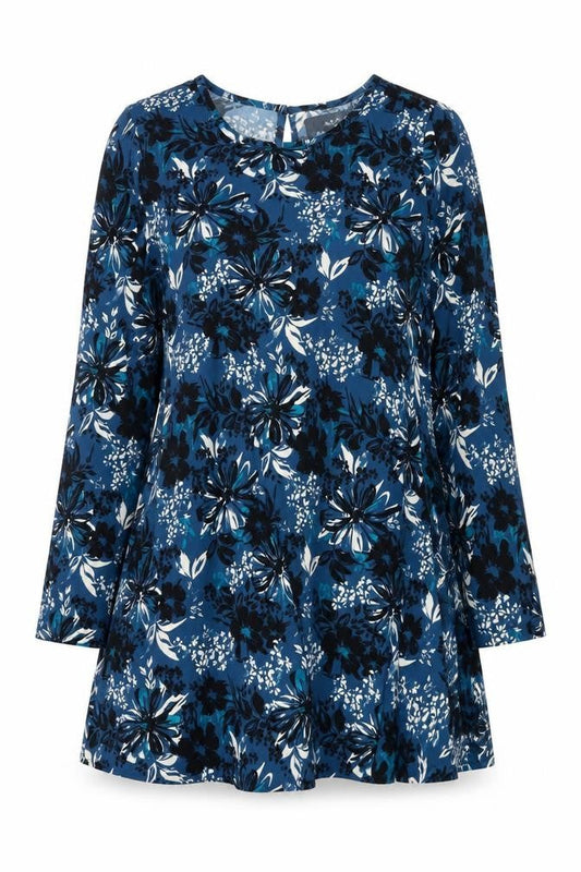 A&G Womens Blue Floral Polyester A-Line Size 12 Round Neck Button