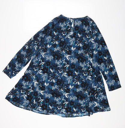 A&G Womens Blue Floral Polyester A-Line Size 12 Round Neck Button