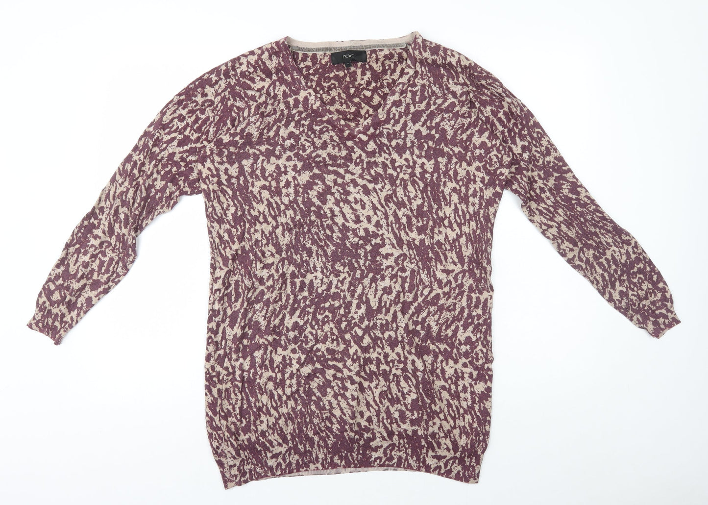 NEXT Womens Brown Animal Print Cotton Jumper Dress Size 8 V-Neck Pullover
