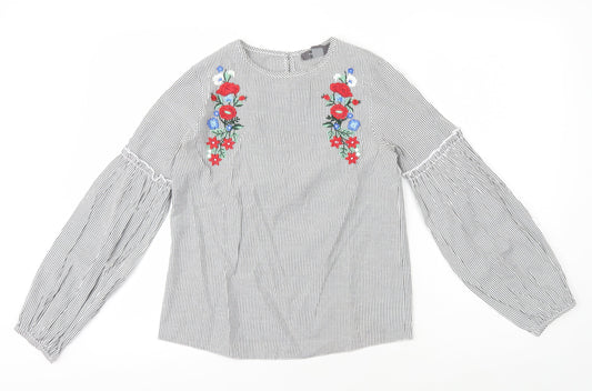 Primark Womens White Striped Polyester Basic Blouse Size 6 Round Neck - Flower Embroidery