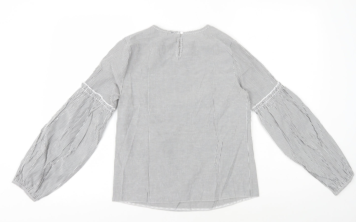 Primark Womens White Striped Polyester Basic Blouse Size 6 Round Neck - Flower Embroidery