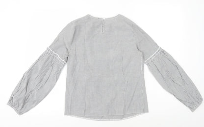 Primark Womens White Striped Polyester Basic Blouse Size 6 Round Neck - Flower Embroidery