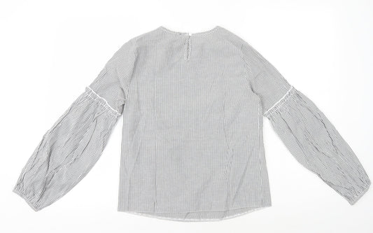 Primark Womens White Striped Polyester Basic Blouse Size 6 Round Neck - Flower Embroidery