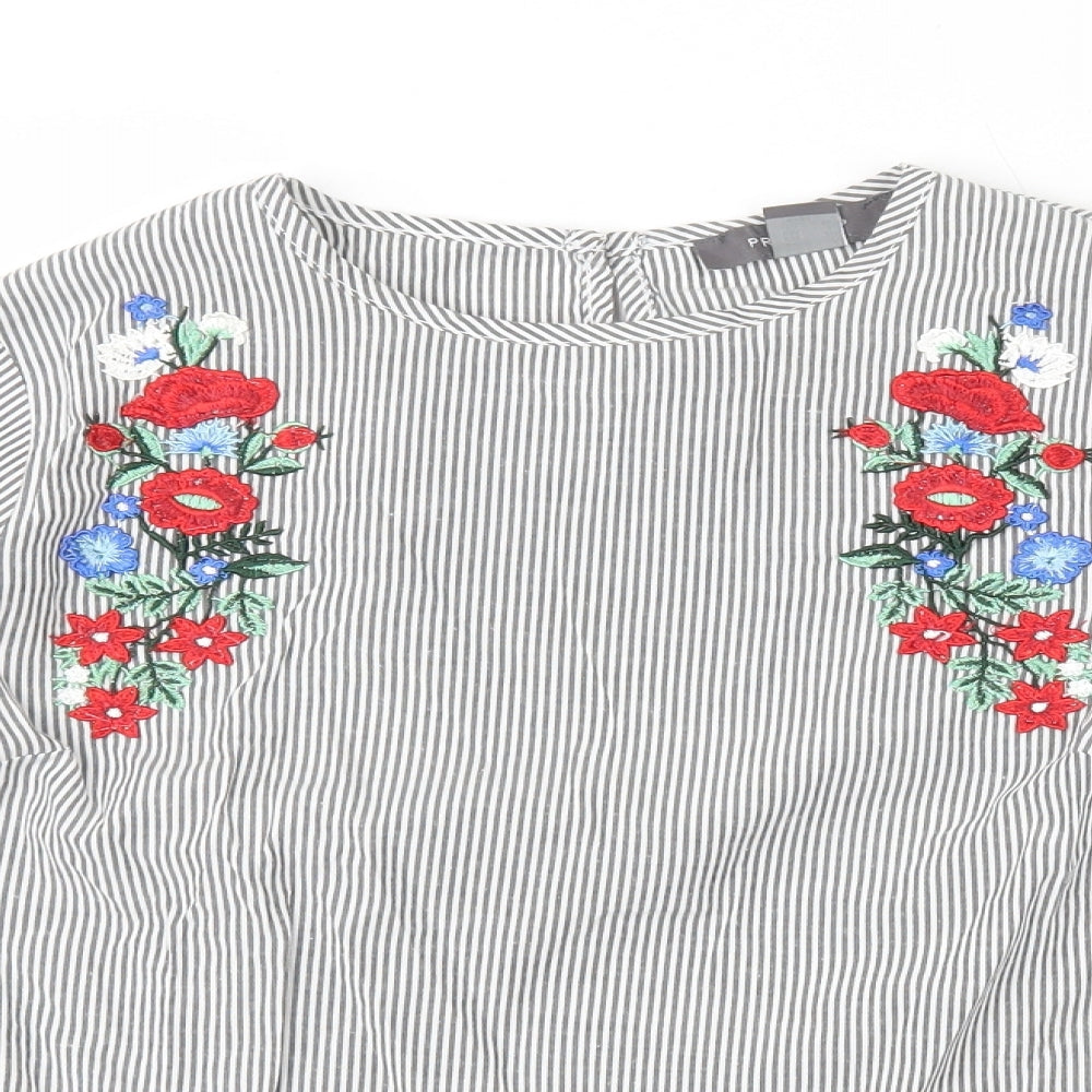 Primark Womens White Striped Polyester Basic Blouse Size 6 Round Neck - Flower Embroidery