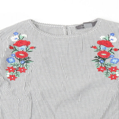 Primark Womens White Striped Polyester Basic Blouse Size 6 Round Neck - Flower Embroidery