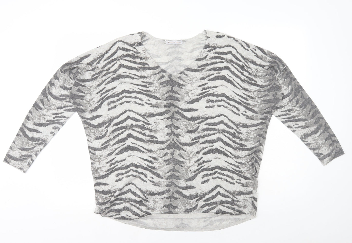 Peace and Love Womens Grey V-Neck Animal Print Polyester Pullover Jumper Size 14 - Tiger print