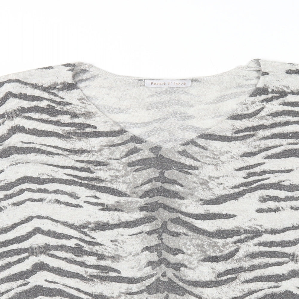 Peace and Love Womens Grey V-Neck Animal Print Polyester Pullover Jumper Size 14 - Tiger print